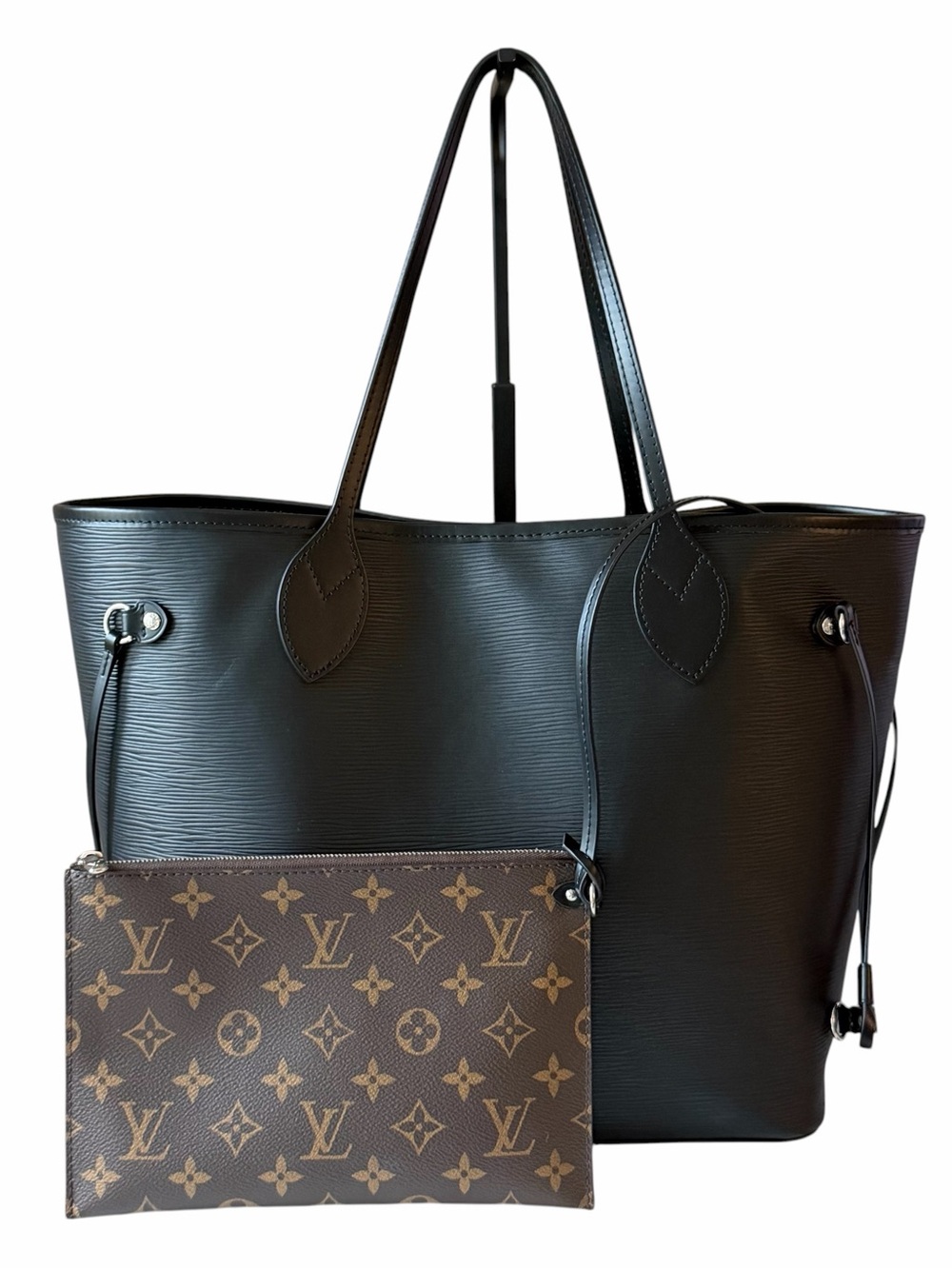 Louis Vuitton Neverfull MM Black Epi Leather Tote Silver Hardware with Pochette